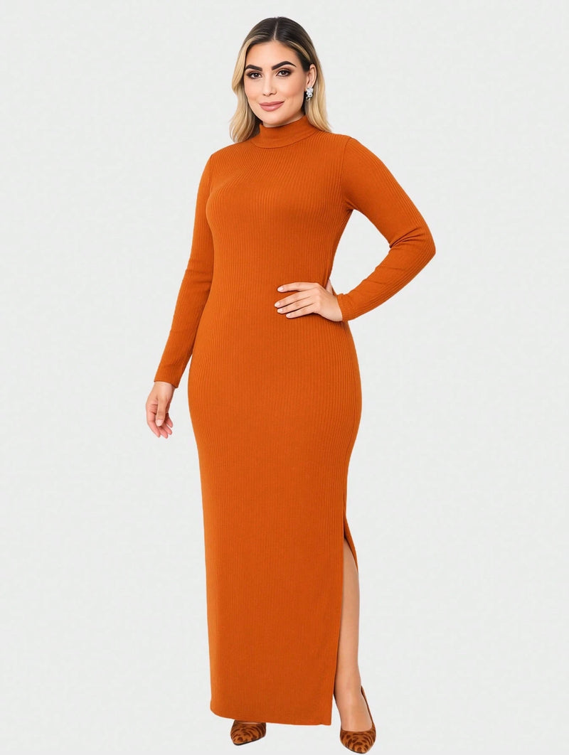 Vestido Canelado Midi e Fenda Lateral Gola Alta Manga Comprida Moda de inverno Casual Elegante Chique