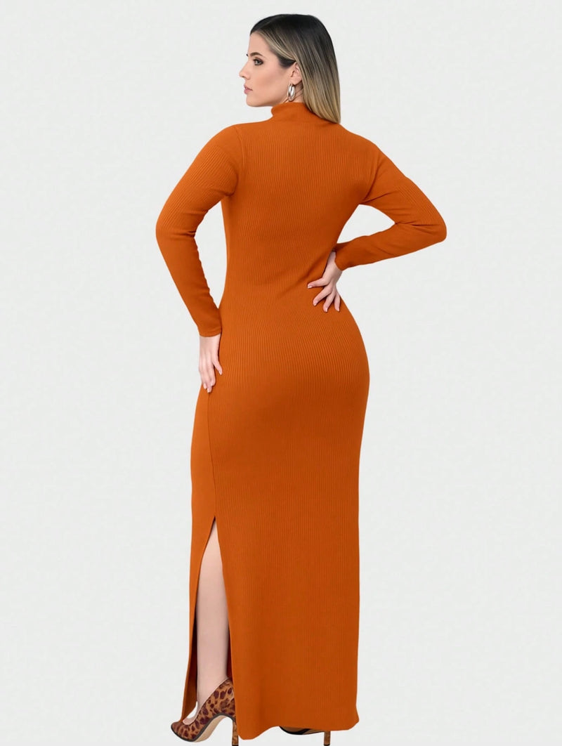 Vestido Canelado Midi e Fenda Lateral Gola Alta Manga Comprida Moda de inverno Casual Elegante Chique