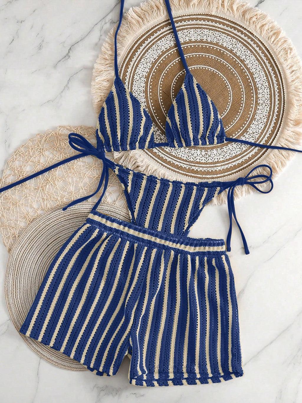Swim Vcay 3 peças/Conjunto Capa de Crochê de Estilo Boêmio para Maiô Bikini, Saída de Praia