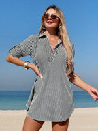 Swim Vcay Vestidos de Praia para Mulheres Vestido Camiseiro com Listras de Manga Bufante e Comprimento Médio para Verão