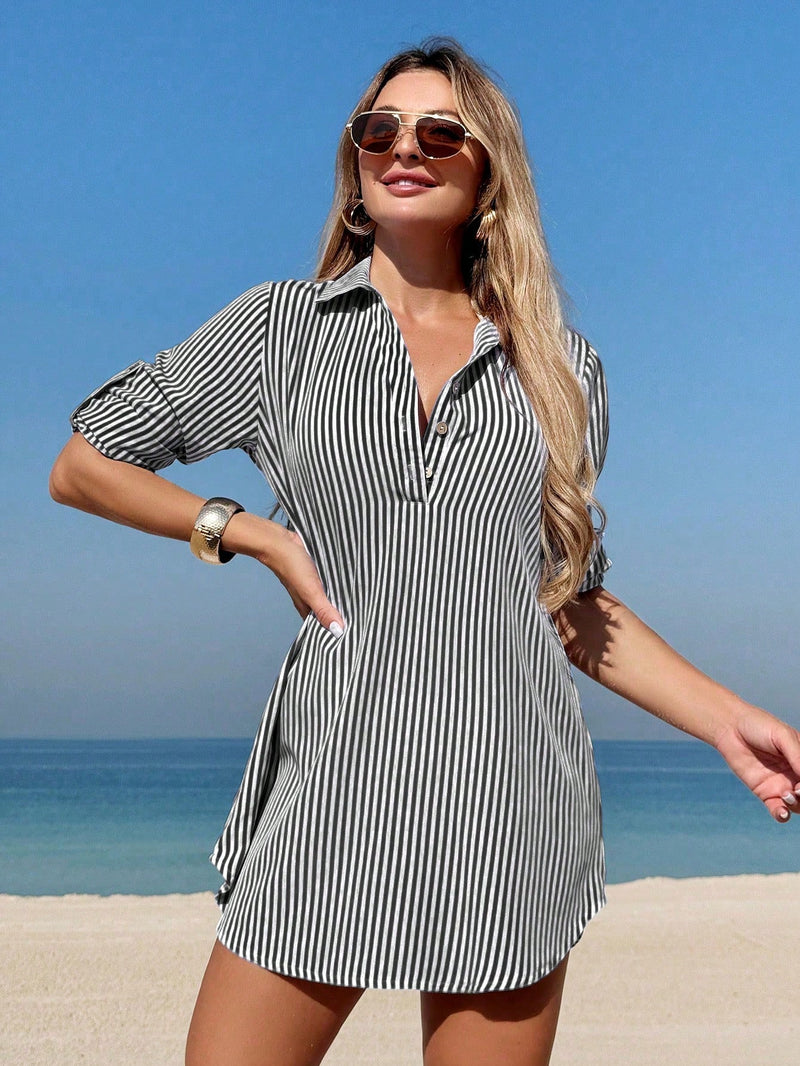 Swim Vcay Vestidos de Praia para Mulheres Vestido Camiseiro com Listras de Manga Bufante e Comprimento Médio para Verão