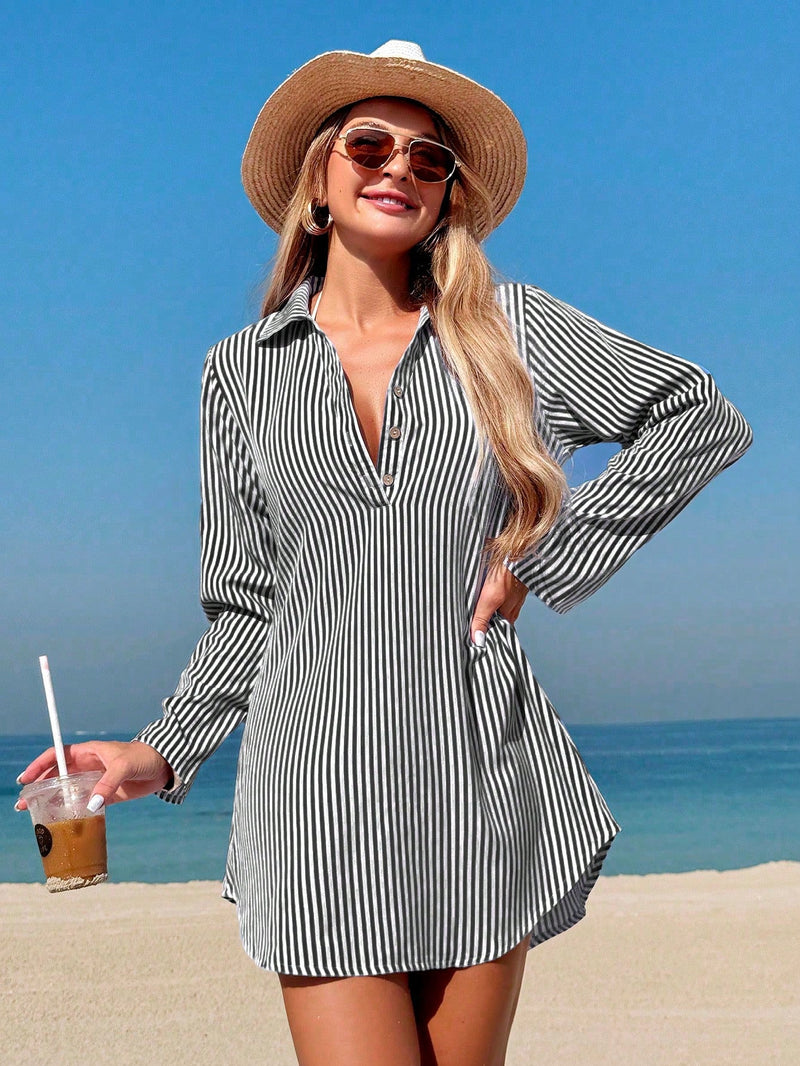 Swim Vcay Vestidos de Praia para Mulheres Vestido Camiseiro com Listras de Manga Bufante e Comprimento Médio para Verão
