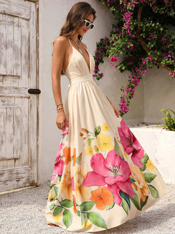 Vivid Eden Vestido Floral de Decote em V Profundo e Costas Abertas Para Férias de Verão e Praia para Mulheres
