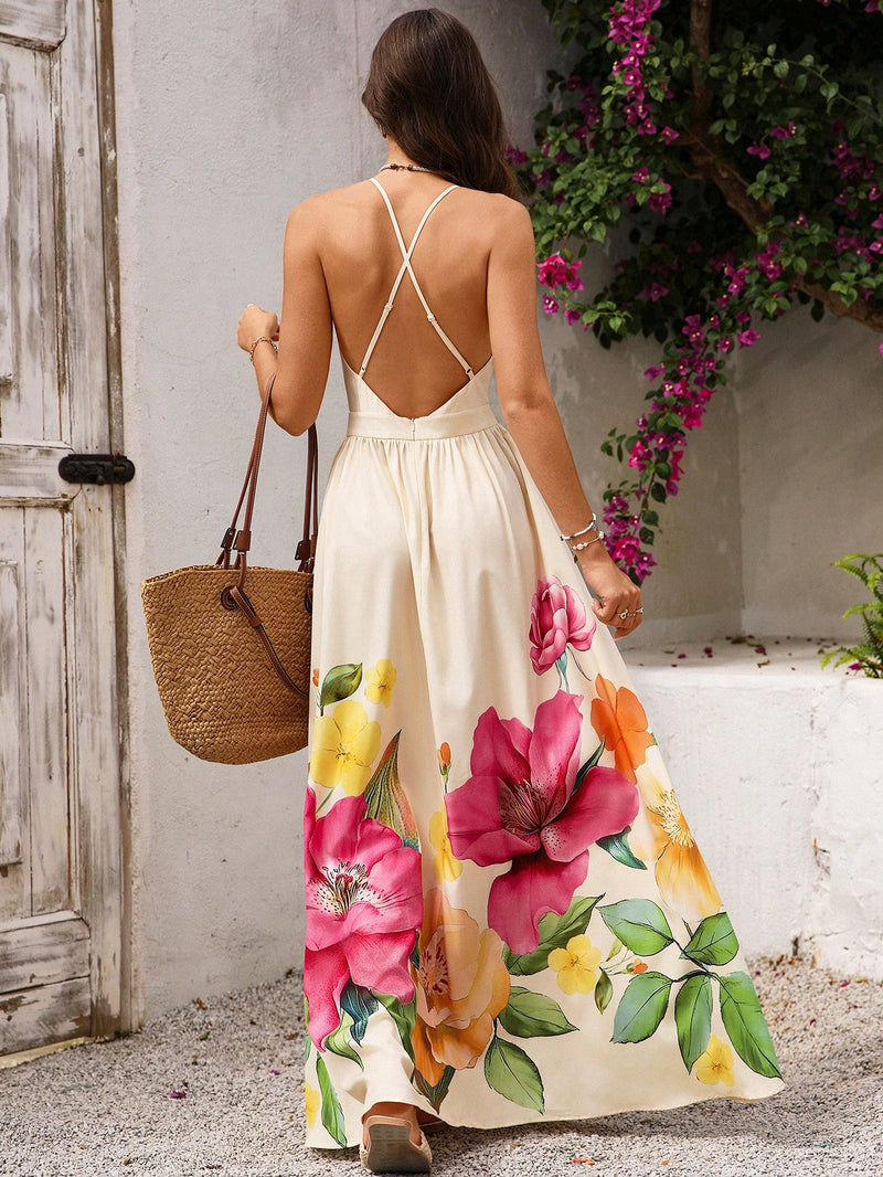 Vivid Eden Vestido Floral de Decote em V Profundo e Costas Abertas Para Férias de Verão e Praia para Mulheres