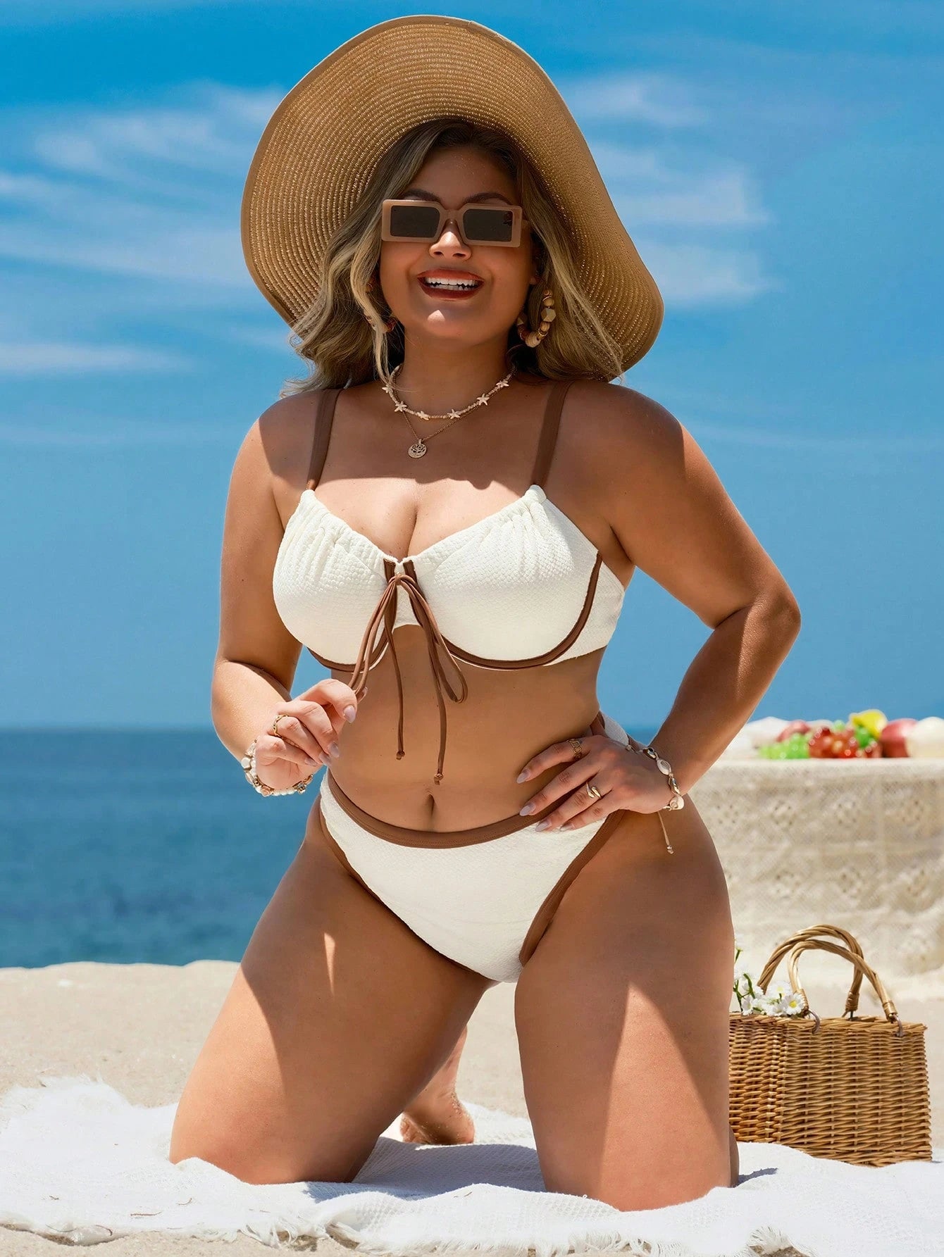 Swim Chiccia Conjunto de Maiô Bikini com Sustentação por Arame Colorido em Contraste, Texturizado, para Férias na Praia, Plus Size, Feminino