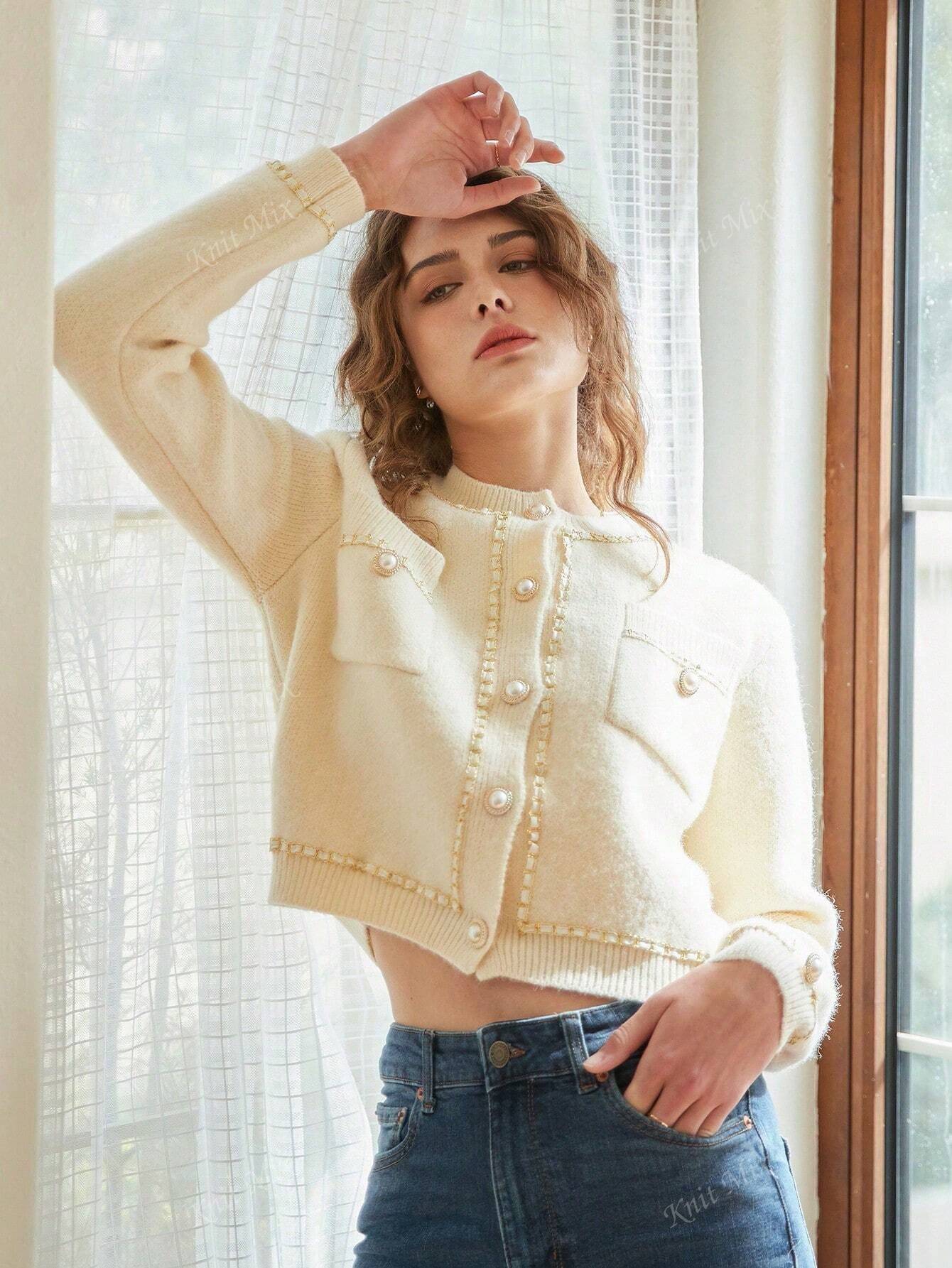 Knit Mix Casaco Básico de Tricô Feminino com Decote em Ribana Contrastante, Top Social de Manga Longa Tricotado, Estampa Floral, Caimento Regular, Primavera, Adequado para o Dia dos Namorados