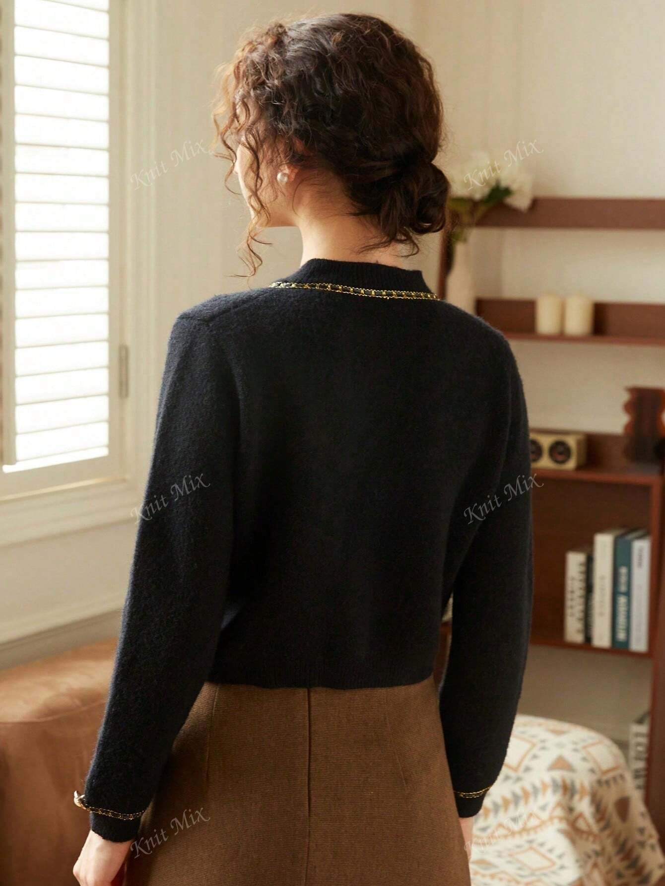 Knit Mix Casaco Básico de Tricô Feminino com Decote em Ribana Contrastante, Top Social de Manga Longa Tricotado, Estampa Floral, Caimento Regular, Primavera, Adequado para o Dia dos Namorados