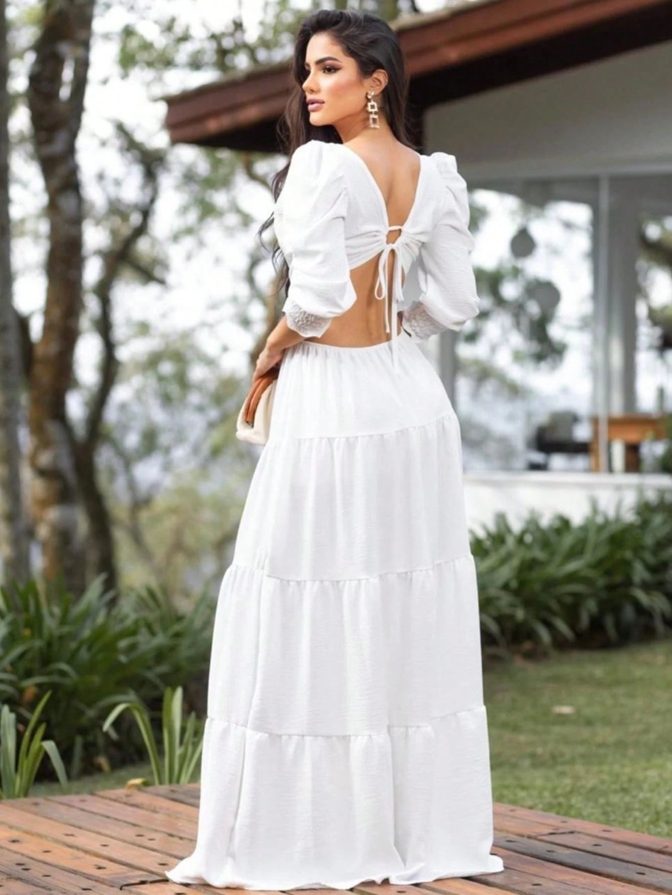 Vestido Longo Elegante Manga Princesa Boho Chic Costa Nua Duna Forrado Amarração Casamento