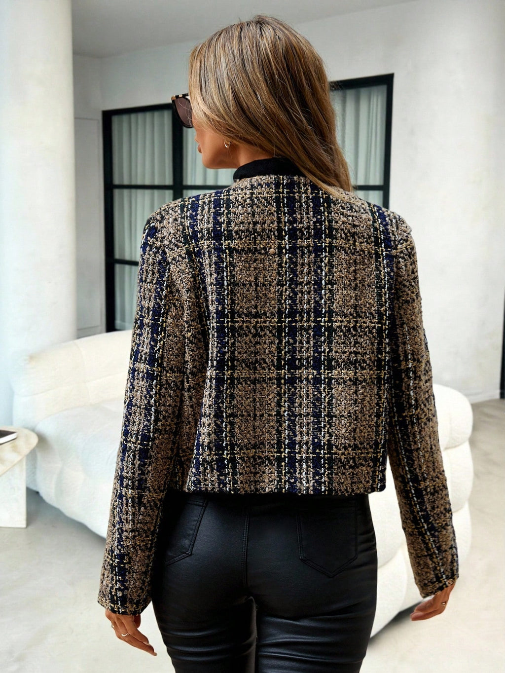 SHEIN Clasi Padrão Xadrez Bolso Com Aba Frente Aberta Tweed Sobretudos