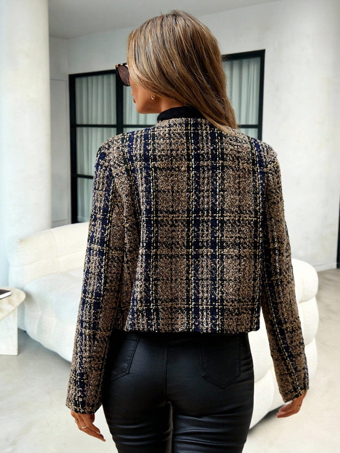 SHEIN Clasi Padrão Xadrez Bolso Com Aba Frente Aberta Tweed Sobretudos