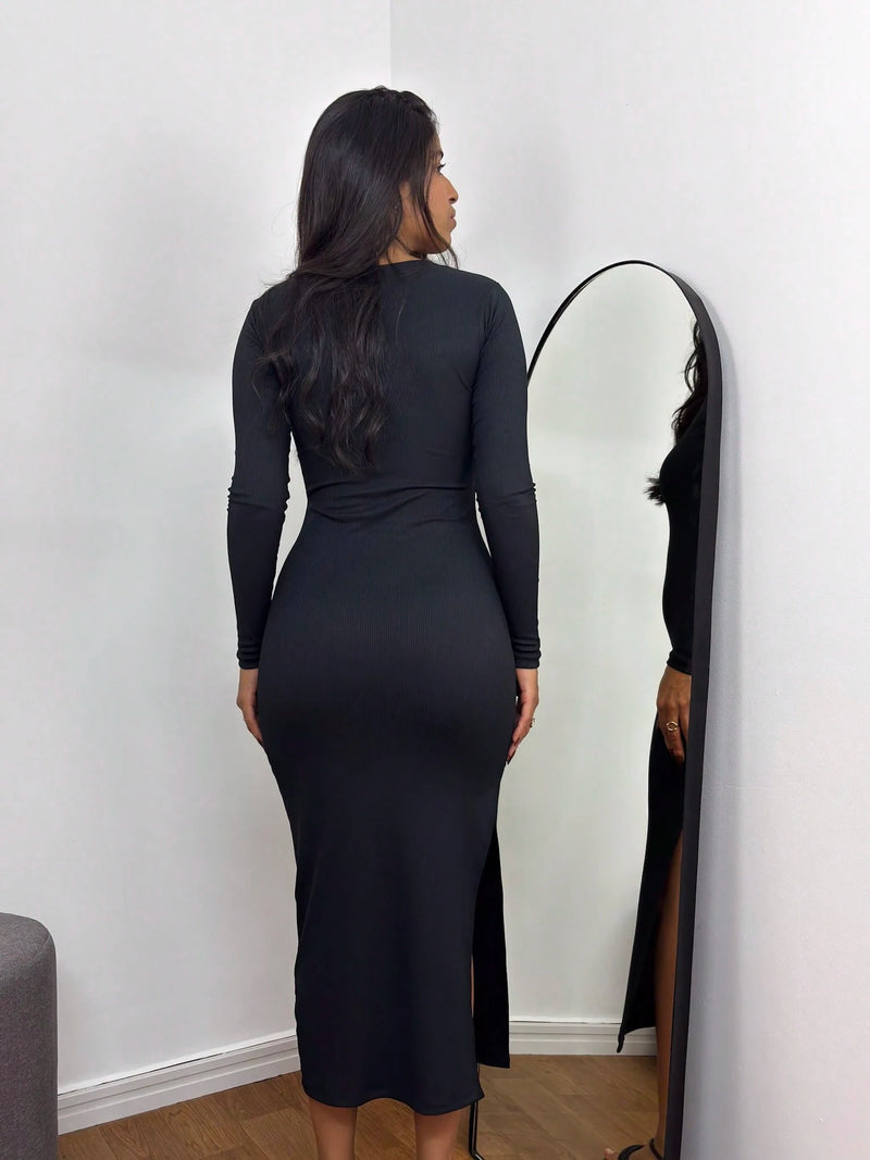 Vendedor IndicadoVestido Midi Decote Quadrado Manga Longa Com Fenda Ribana Canelada elegante Casual Abertura lateral Noite