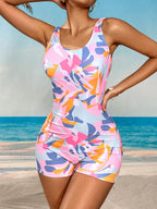 Swim SPRTY Maiô Casual de Peça Única com Estampa Total e Costas Abertas com Shorts para Mulheres