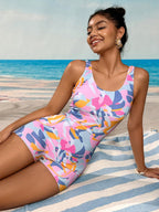 Swim SPRTY Maiô Casual de Peça Única com Estampa Total e Costas Abertas com Shorts para Mulheres