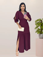 Vendedor IndicadoVestido Longo Feminino Fenda na Perna Manga com Abertura 3/4 Festa Formatura Madrinha Casamento