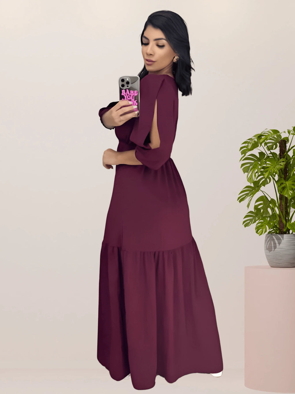 Vendedor IndicadoVestido Longo Feminino Fenda na Perna Manga com Abertura 3/4 Festa Formatura Madrinha Casamento