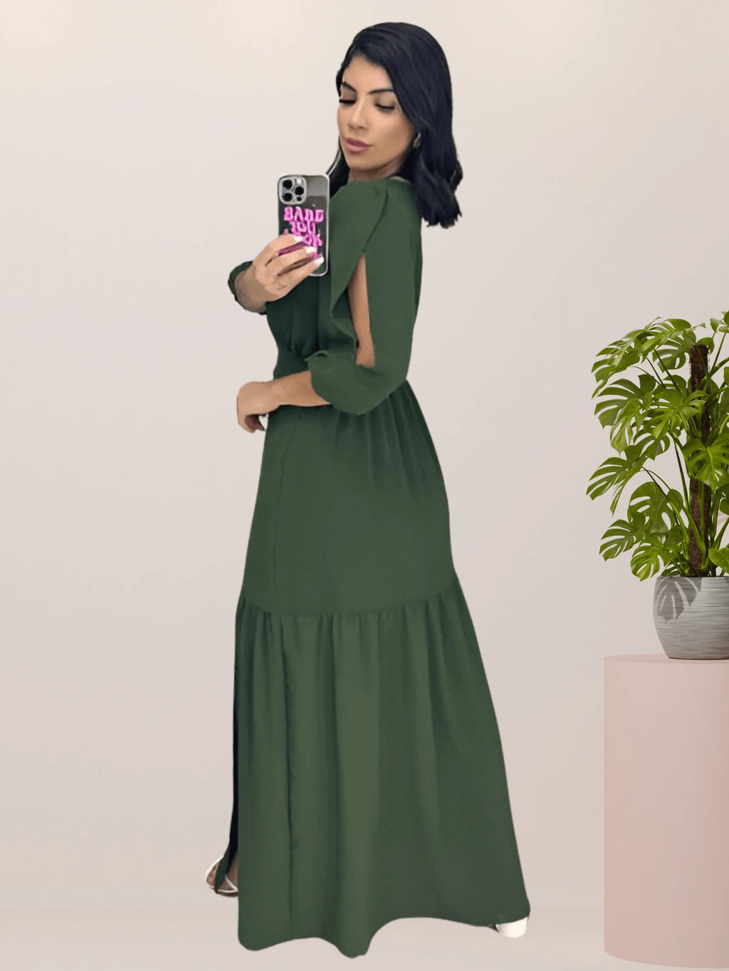 Vendedor IndicadoVestido Longo Feminino Fenda na Perna Manga com Abertura 3/4 Festa Formatura Madrinha Casamento