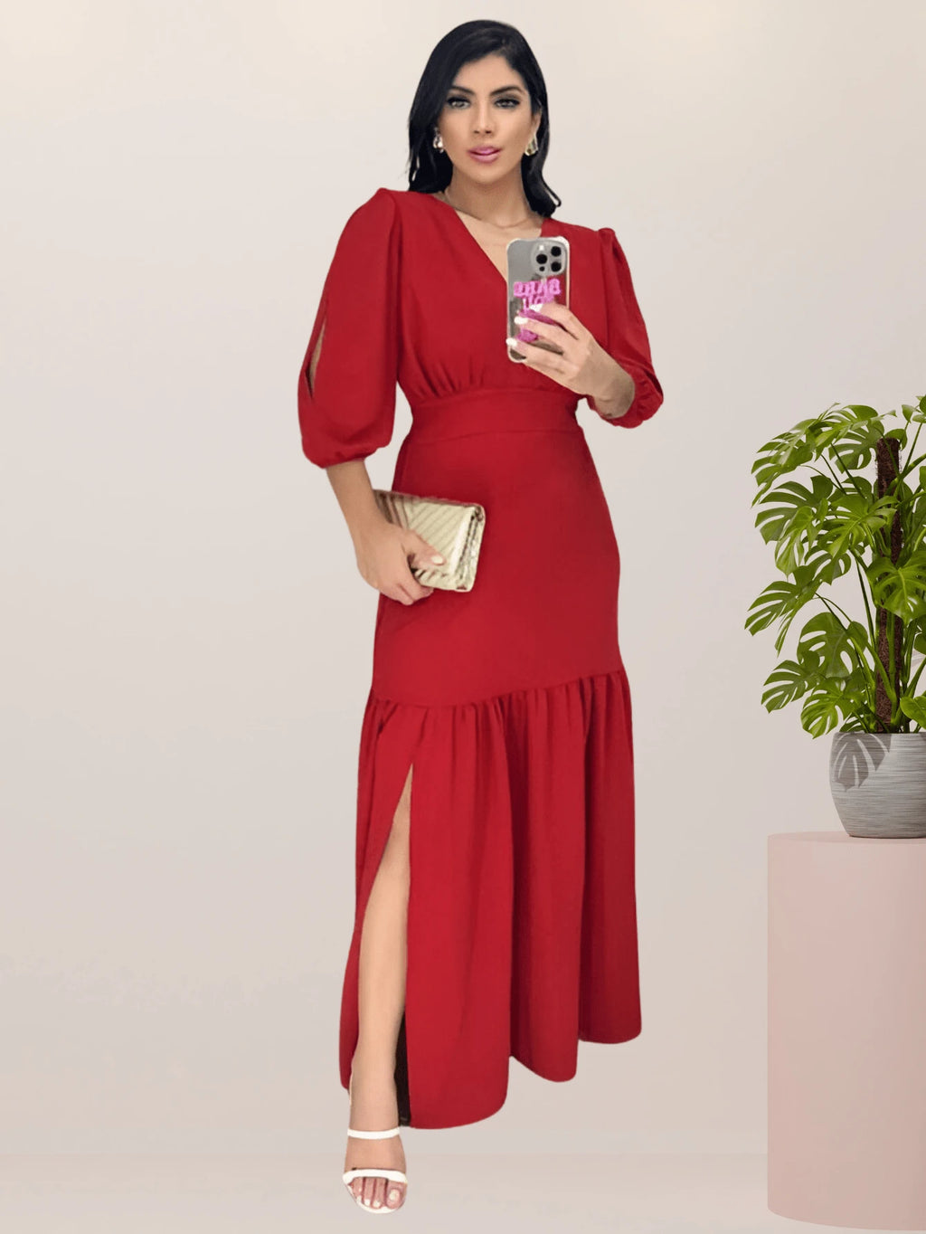 Vendedor IndicadoVestido Longo Feminino Fenda na Perna Manga com Abertura 3/4 Festa Formatura Madrinha Casamento