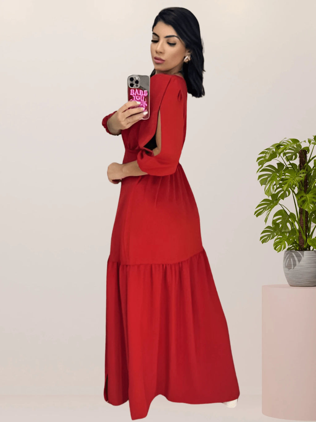 Vendedor IndicadoVestido Longo Feminino Fenda na Perna Manga com Abertura 3/4 Festa Formatura Madrinha Casamento