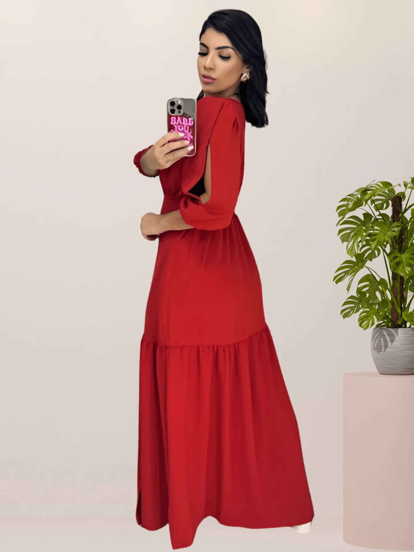 Vendedor IndicadoVestido Longo Feminino Fenda na Perna Manga com Abertura 3/4 Festa Formatura Madrinha Casamento