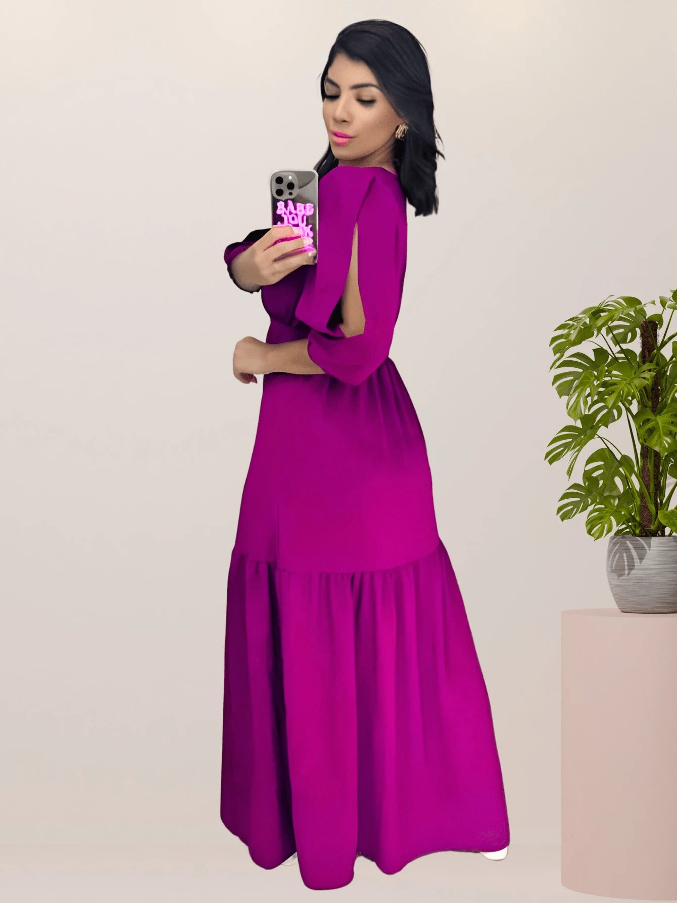 Vendedor IndicadoVestido Longo Feminino Fenda na Perna Manga com Abertura 3/4 Festa Formatura Madrinha Casamento