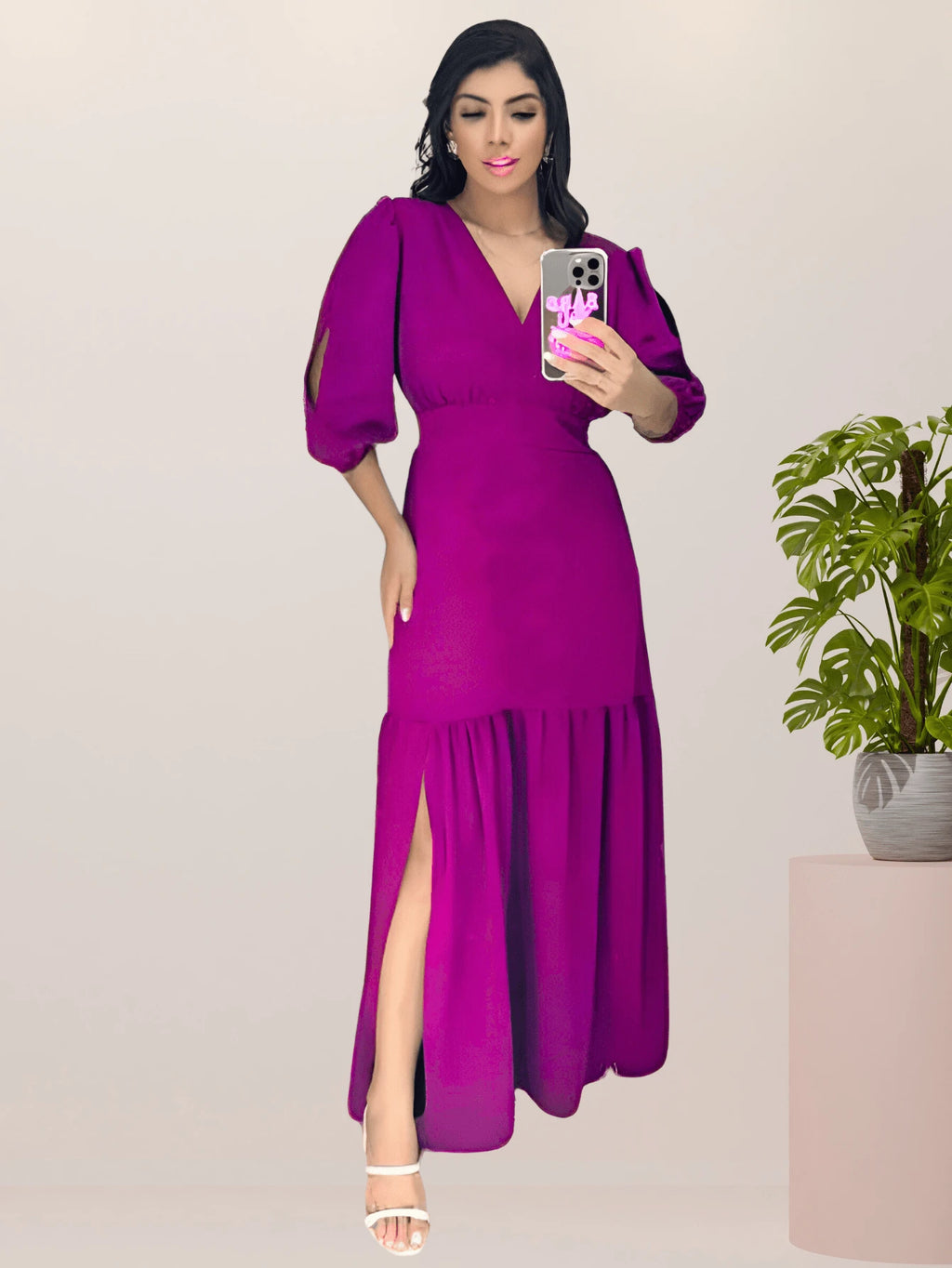 Vendedor IndicadoVestido Longo Feminino Fenda na Perna Manga com Abertura 3/4 Festa Formatura Madrinha Casamento