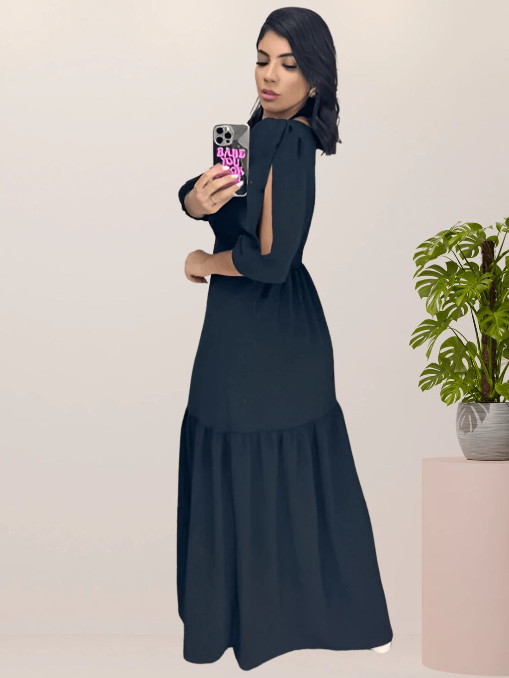 Vendedor IndicadoVestido Longo Feminino Fenda na Perna Manga com Abertura 3/4 Festa Formatura Madrinha Casamento