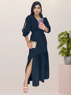 Vendedor IndicadoVestido Longo Feminino Fenda na Perna Manga com Abertura 3/4 Festa Formatura Madrinha Casamento