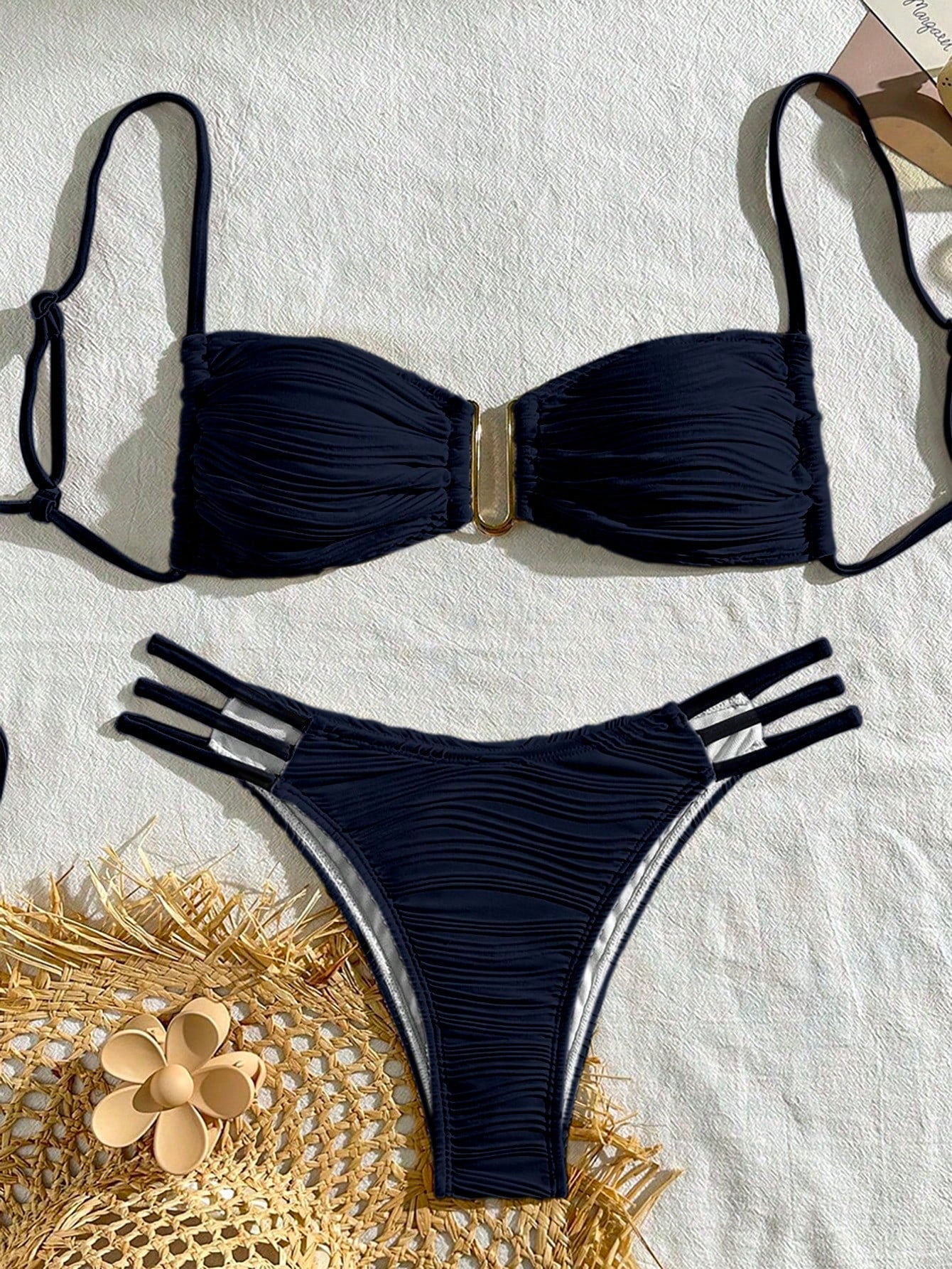 Bonvoyette Conjunto de Maiô Bikini Sensual com Franzidos de Cor Sólida para Praia Feminino de Verão
