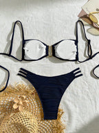 Bonvoyette Conjunto de Maiô Bikini Sensual com Franzidos de Cor Sólida para Praia Feminino de Verão