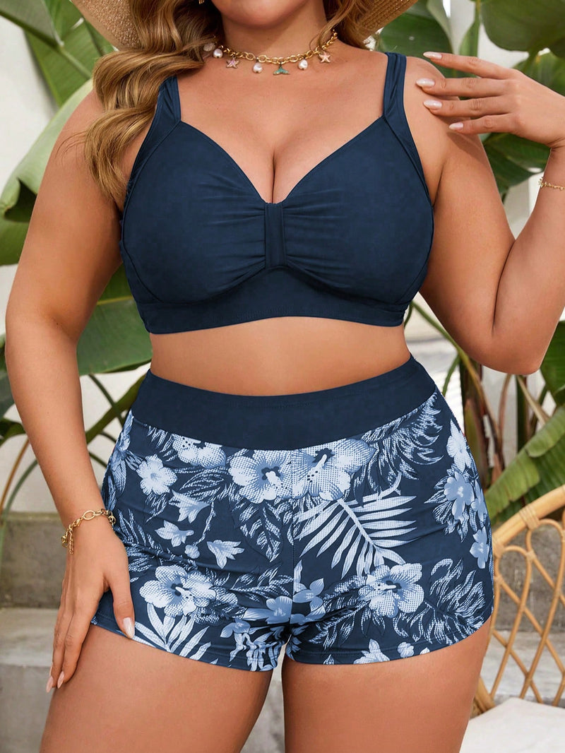 Swim Lushoire Maiô Bikini Plus Size Verão 2 Peças Feminino com Alças Finas, Decote em V, Cordão, Cor Sólida Tankini e Shorts, Roupa de Praia Casual