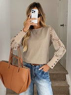 SHEIN LUNE Top Feminino Waffle Branco Com Mangas De Renda