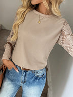 SHEIN LUNE Top Feminino Waffle Branco Com Mangas De Renda