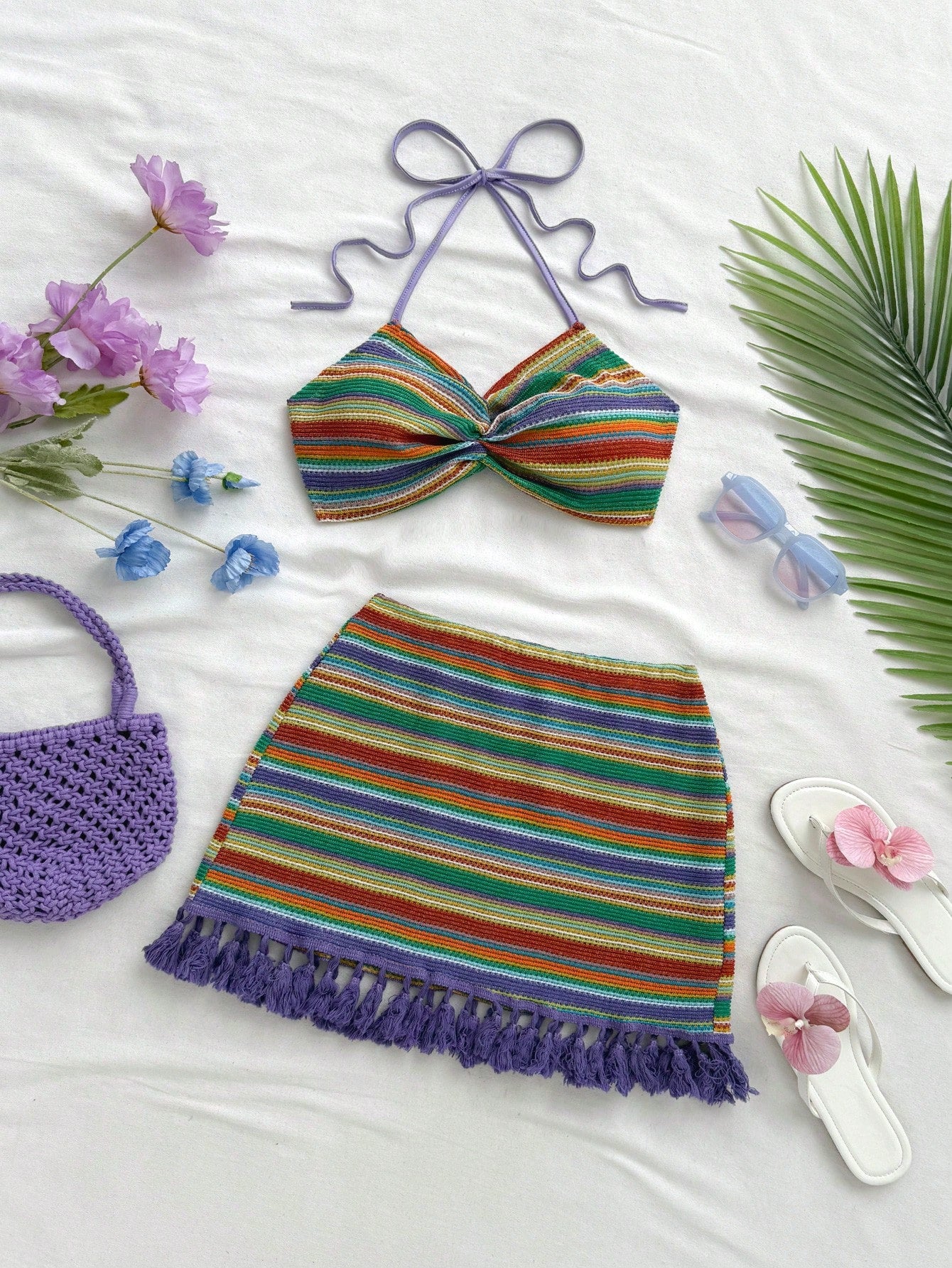 Soleia Conjunto de top curto com decote halter e costas nuas colorido e saia mini com franjas para mulheres, 