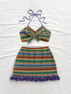 Soleia Conjunto de top curto com decote halter e costas nuas colorido e saia mini com franjas para mulheres, 