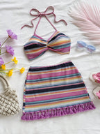 Soleia Conjunto de top curto com decote halter e costas nuas colorido e saia mini com franjas para mulheres, 