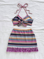 Soleia Conjunto de top curto com decote halter e costas nuas colorido e saia mini com franjas para mulheres, 