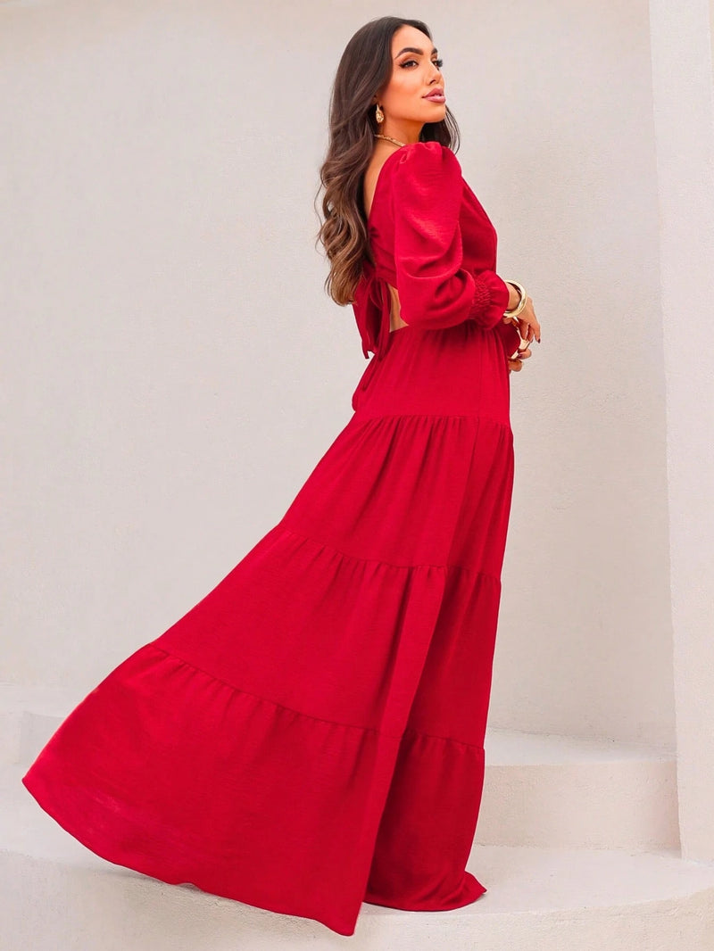 Vestido Longo Elegante Manga Princesa Boho Chic Costa Nua Duna Forrado Amarração Casamento