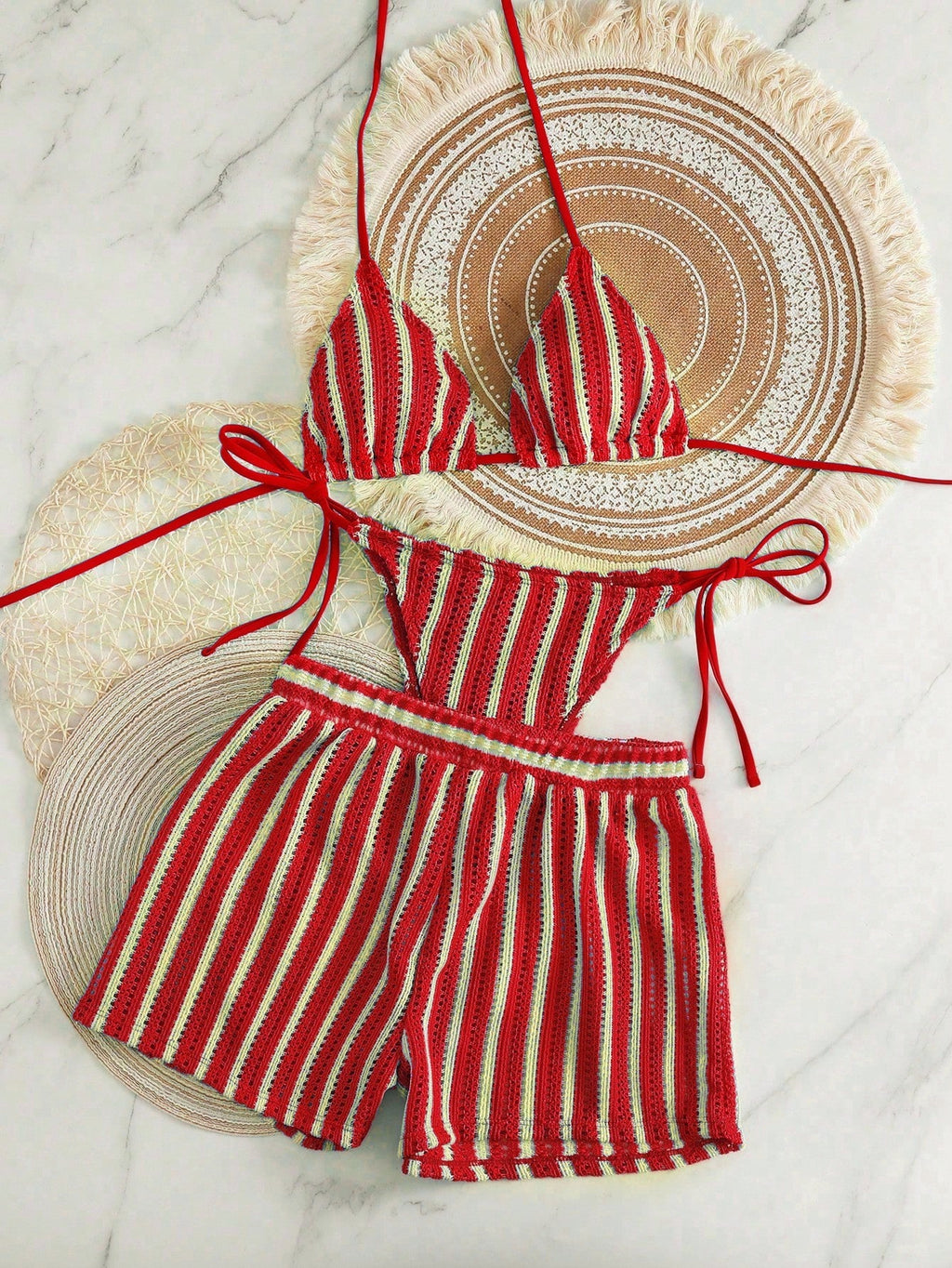 Swim Vcay 3 peças/Conjunto Capa de Crochê de Estilo Boêmio para Maiô Bikini, Saída de Praia
