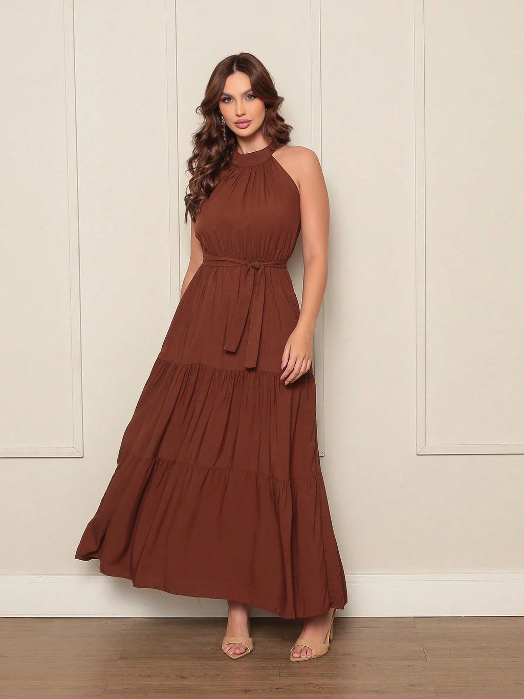 Vendedor IndicadoVestido Longo Feminina Liso Gola Alta Tres Maria Com Cinto