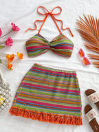 Soleia Conjunto de top curto com decote halter e costas nuas colorido e saia mini com franjas para mulheres, 
