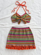 Soleia Conjunto de top curto com decote halter e costas nuas colorido e saia mini com franjas para mulheres, 