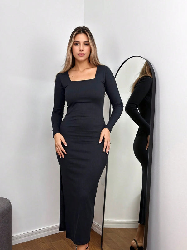 Vendedor IndicadoVestido Midi Decote Quadrado Manga Longa Com Fenda Ribana Canelada elegante Casual Abertura lateral Noite