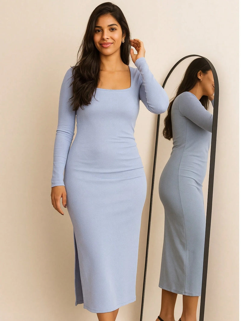 Vendedor IndicadoVestido Midi Decote Quadrado Manga Longa Com Fenda Ribana Canelada elegante Casual Abertura lateral Noite