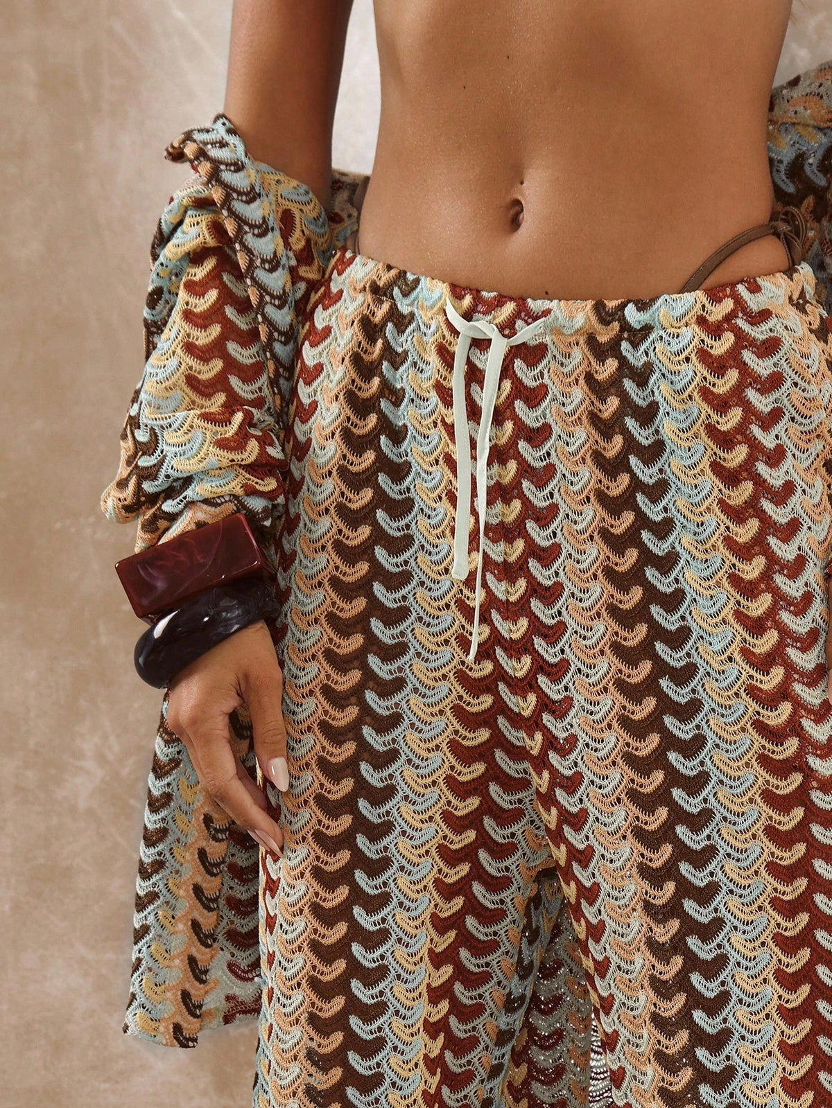 Musera Resort Calça Capa Estampada com Cintura Amarrada, Estilo Boho Ibiza, Fofa, Sexy, Férias, Praia, Maiô, Pele Quente, Listrada