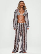 Musera Resort Calça Capa Estampada com Cintura Amarrada, Estilo Boho Ibiza, Fofa, Sexy, Férias, Praia, Maiô, Pele Quente, Listrada
