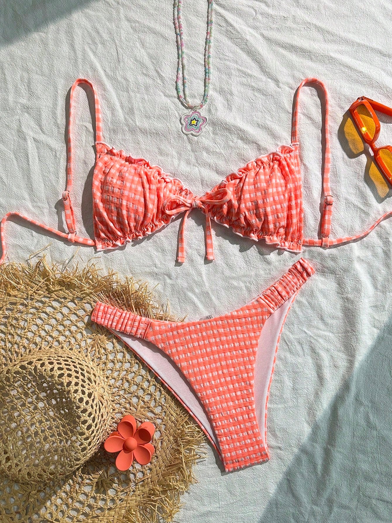 Swim Mod Conjunto de Maiô Bikini de 2 Peças com Tecido Texturizado, Babado, Laço na Frente, Cordão na Cintura, Fofo, Doce, Fashion, Animado para Festa