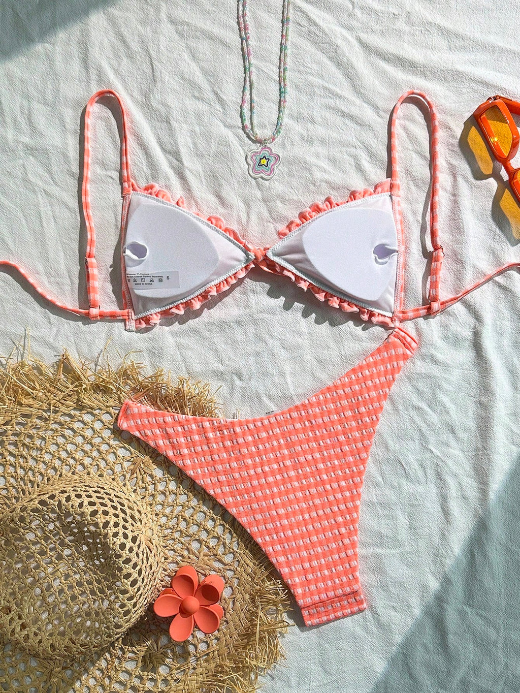 Swim Mod Conjunto de Maiô Bikini de 2 Peças com Tecido Texturizado, Babado, Laço na Frente, Cordão na Cintura, Fofo, Doce, Fashion, Animado para Festa