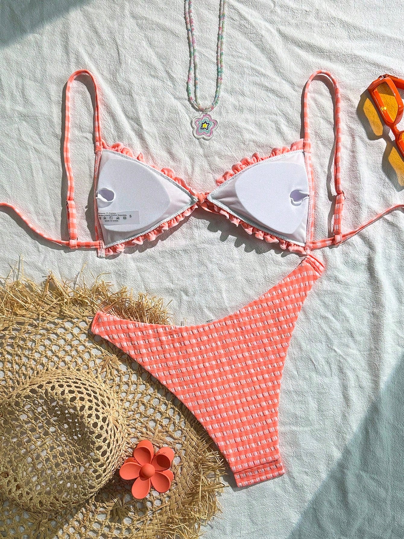 Swim Mod Conjunto de Maiô Bikini de 2 Peças com Tecido Texturizado, Babado, Laço na Frente, Cordão na Cintura, Fofo, Doce, Fashion, Animado para Festa