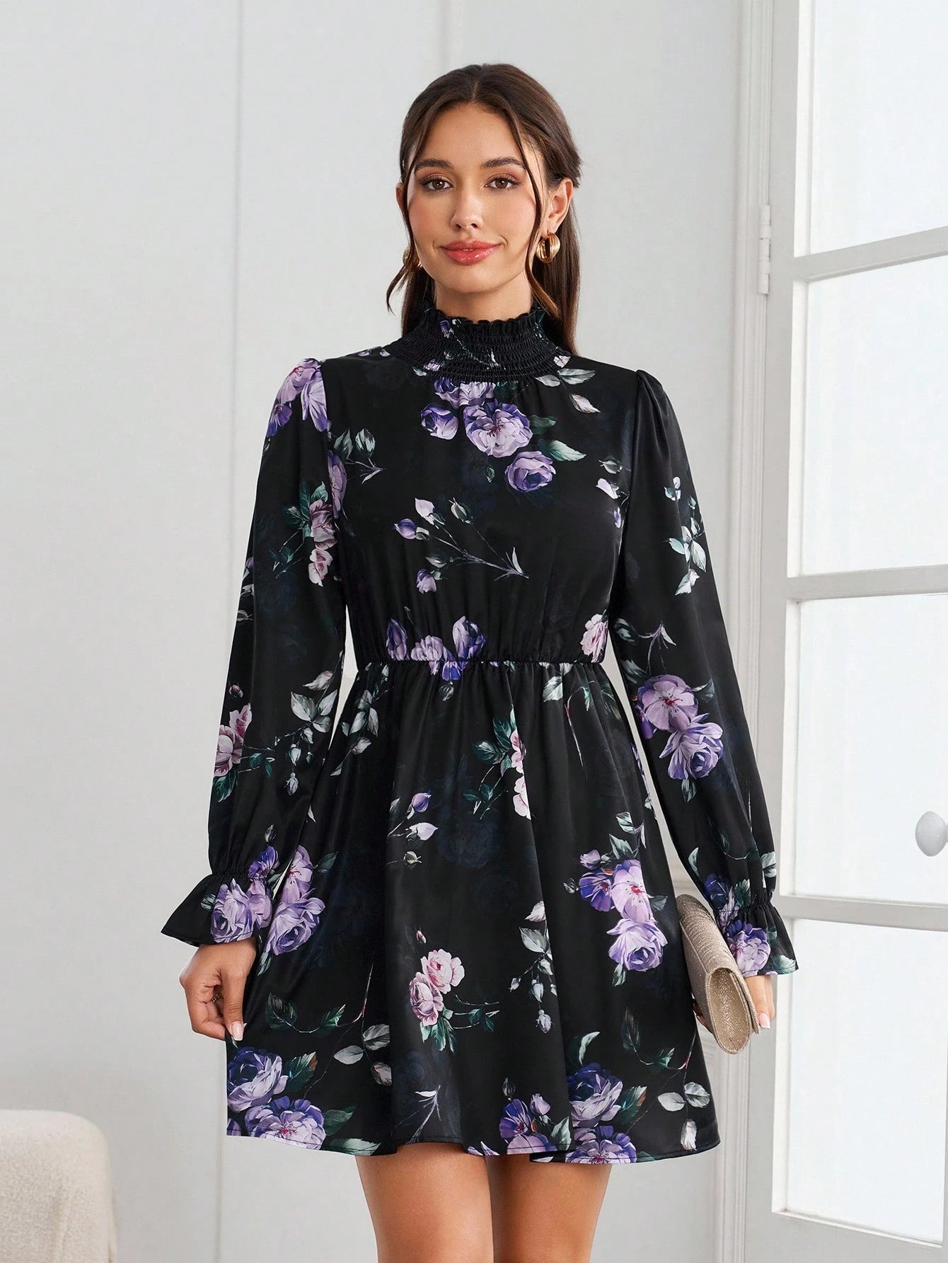SHEIN Clasi Vestido Com Babados E Mangas Florais Sem Cinto