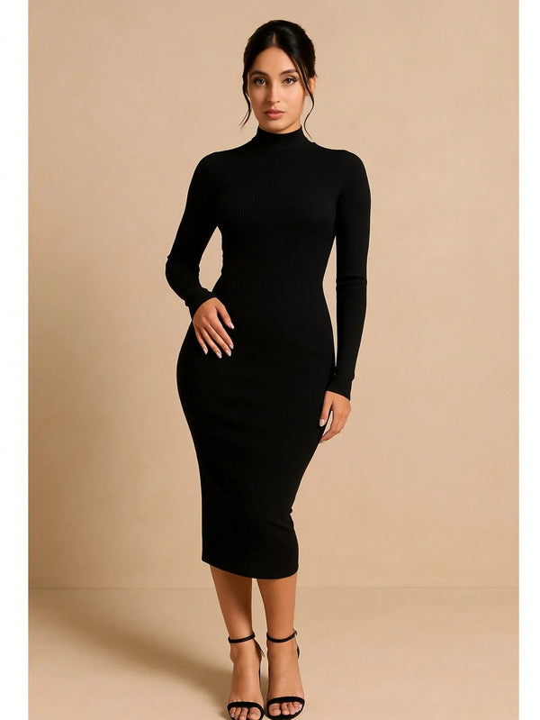 Vendedor Indicado
Vestido Feminino Midi Tubinho Preto Manga Longa Gola Alta Blogueira Outono Inverno